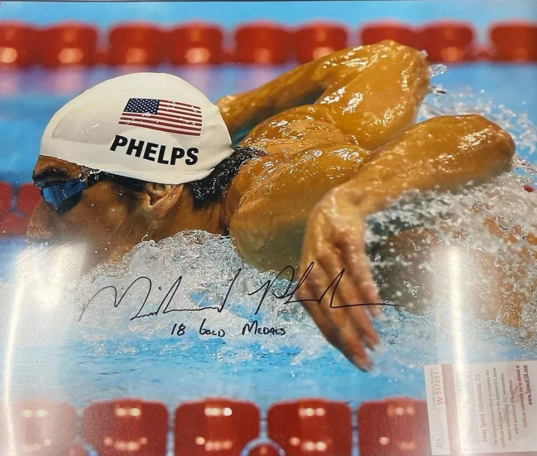 Michael Phelps Signed & Inscribed 16x20 Photo – “18 Gold Medals” – JSA Certified