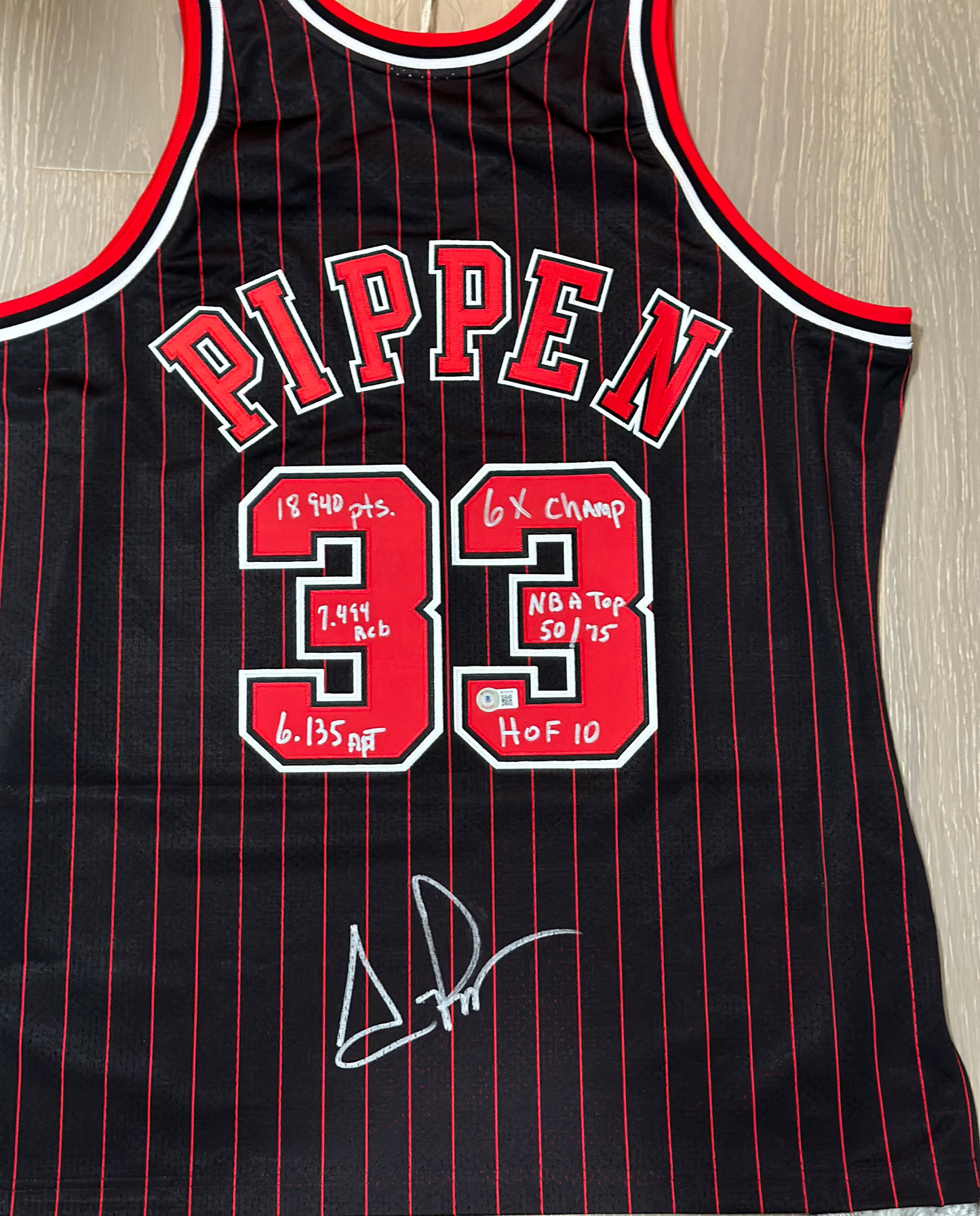 Scottie Pippen Signed and Inscribed Pinstripe Authentic Bulls Jersey