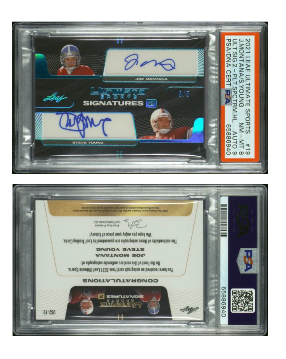 2021 Leaf Ultimate Sports Ultimate Signatures 2 Platinum Spectrum Holo #US2-19 Joe Montana, Steve Young Dual-Signed Card (#5/5) – PSA NM-MT 8, PSA/DNA 9