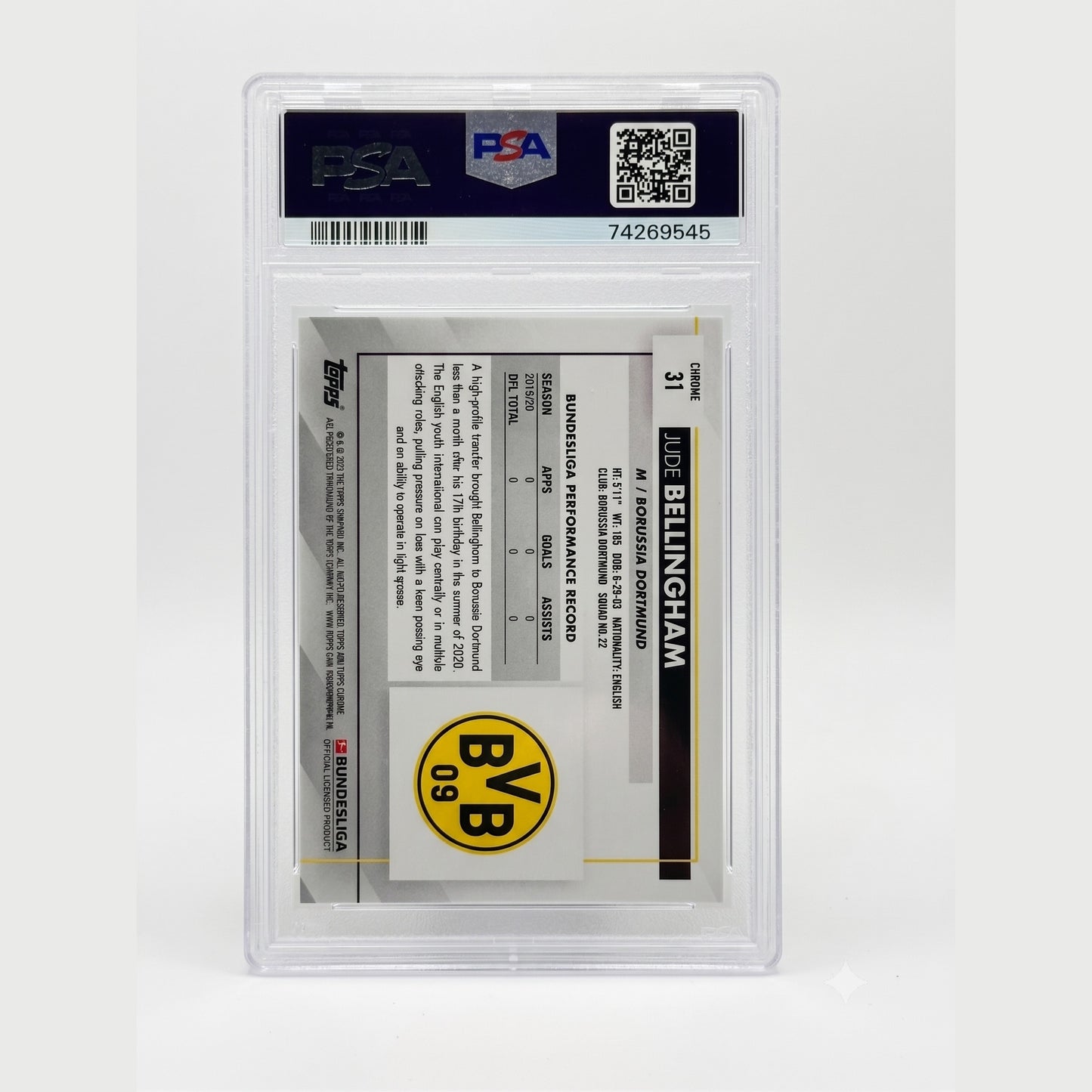2020-21 Topps Chrome Bundesliga Sapphire Edition #31 Jude Bellingham PSA 9