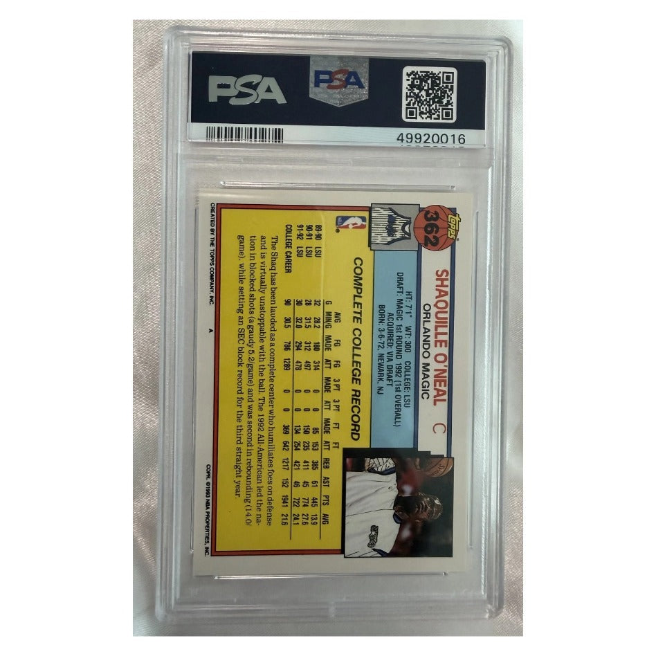 1992-93 Topps #362 Shaquille O'Neal Rookie Card PSA 10 - reverse
