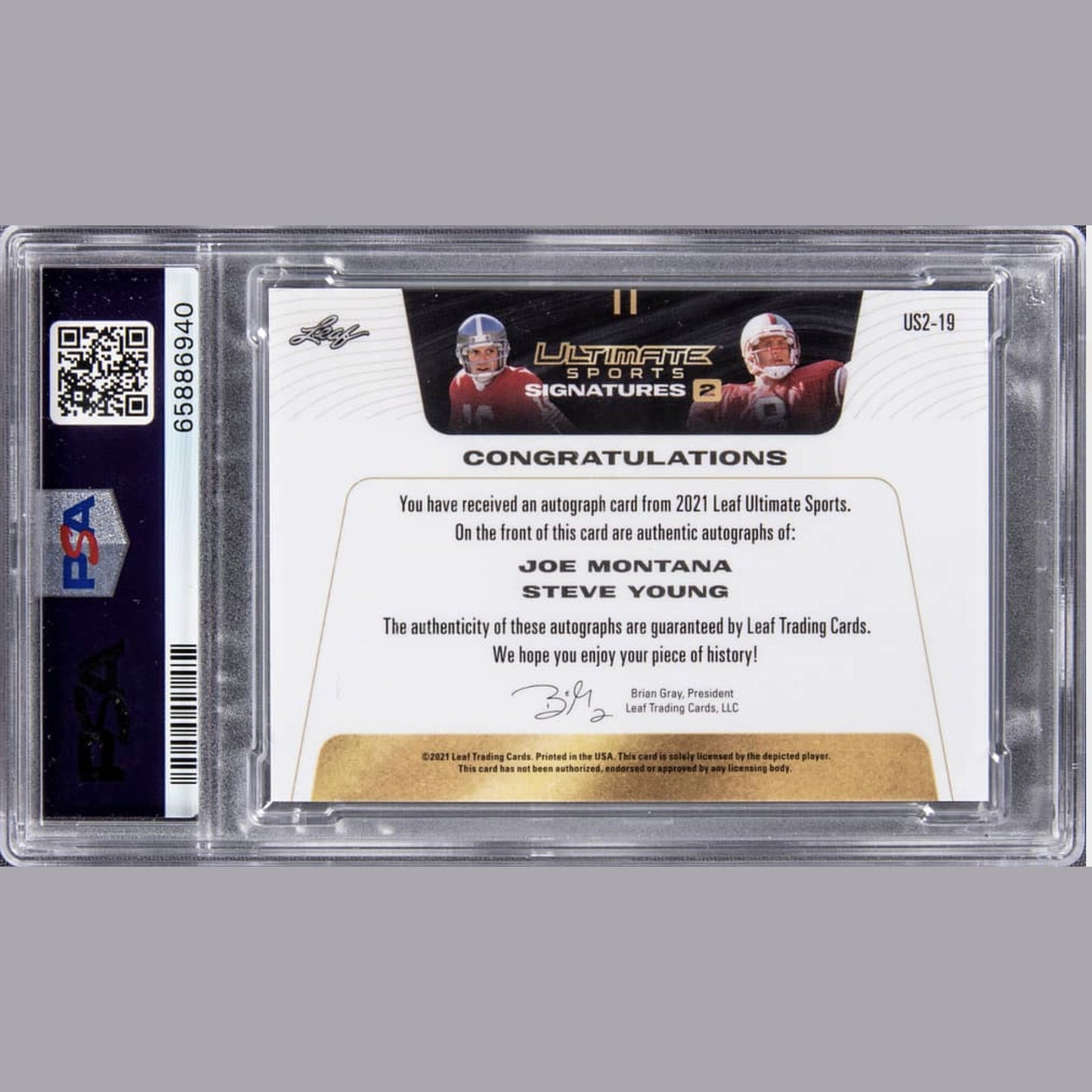 2021 Leaf Ultimate Sports Ultimate Signatures 2 Platinum Spectrum Holo #US2-19 Joe Montana, Steve Young Dual-Signed Card (#5/5) – PSA NM-MT 8, PSA/DNA 9