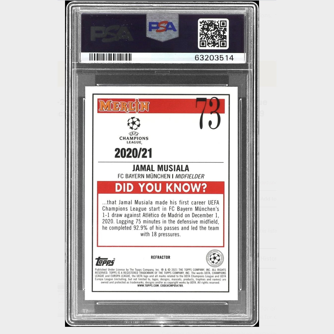 2020 Topps Merlin Chrome UEFA Champions League #73 Jamal Musiala Refractor PSA 9