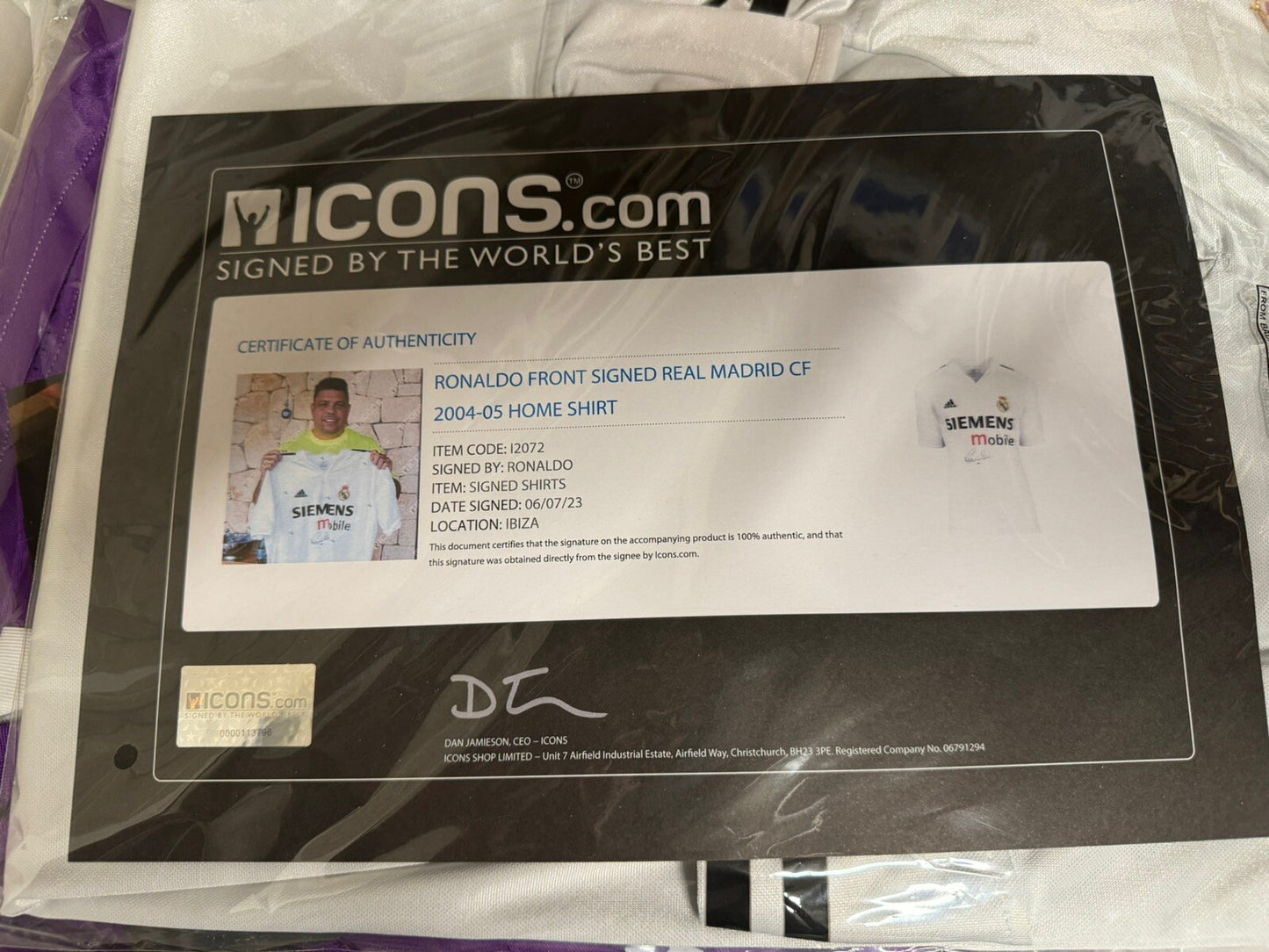 Ronaldo Nazario front signed Real Madrid jersey with Icons certificate