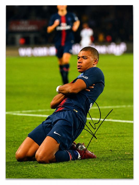 Mbappe Sliding Signed PSG Photo