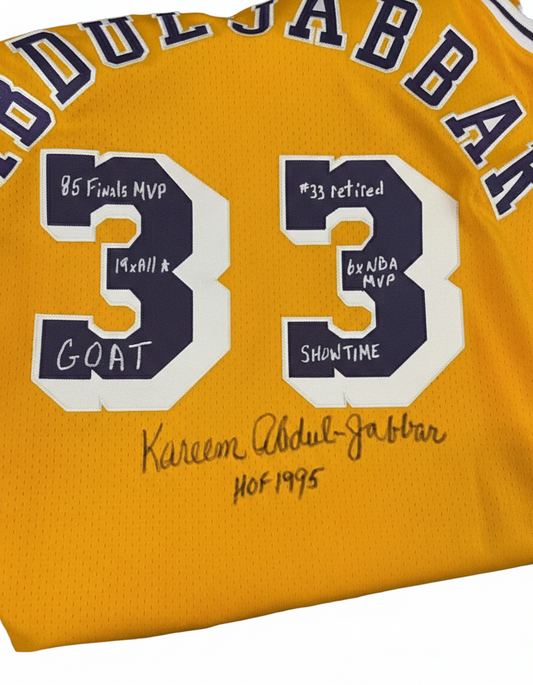 Kareem Abdul-Jabbar Signed & Inscribed 1984-85 Lakers Gold Jersey