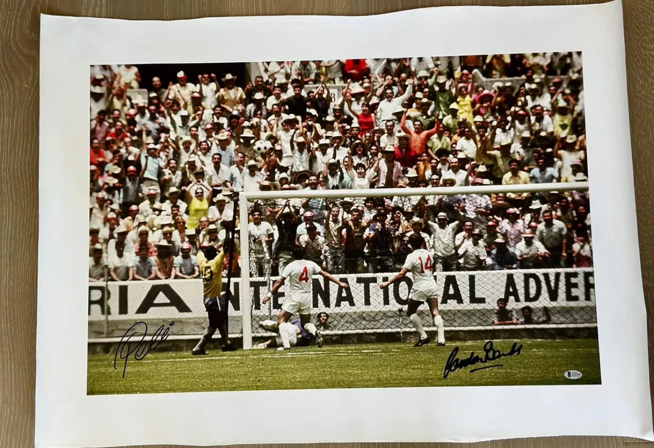 Pelé & Gordon Banks Dual-Signed Canvas – "The Save of the Century" - Beckett Authenticated