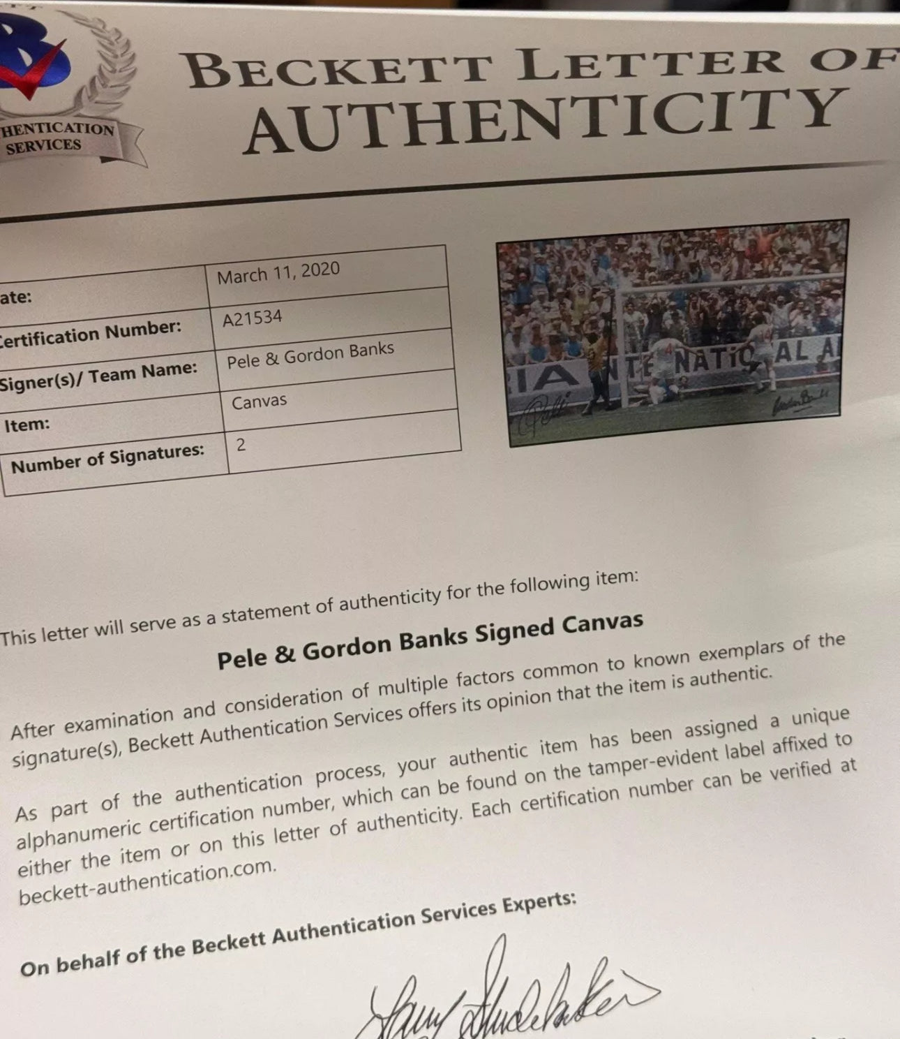 Pelé & Gordon Banks Dual-Signed Canvas – "The Save of the Century" - Beckett Authenticated