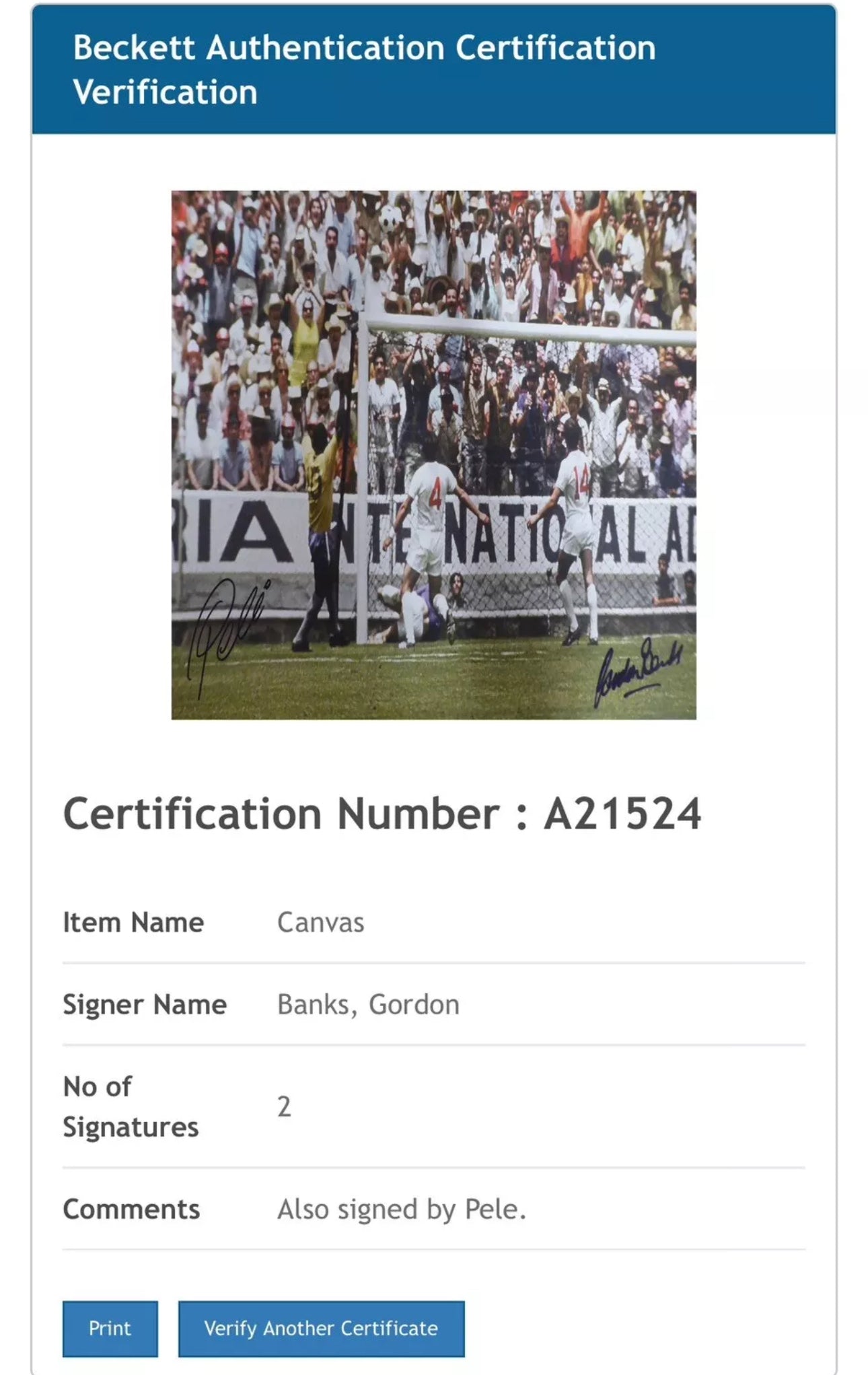 Pelé & Gordon Banks Dual-Signed Canvas – "The Save of the Century" - Beckett Authenticated