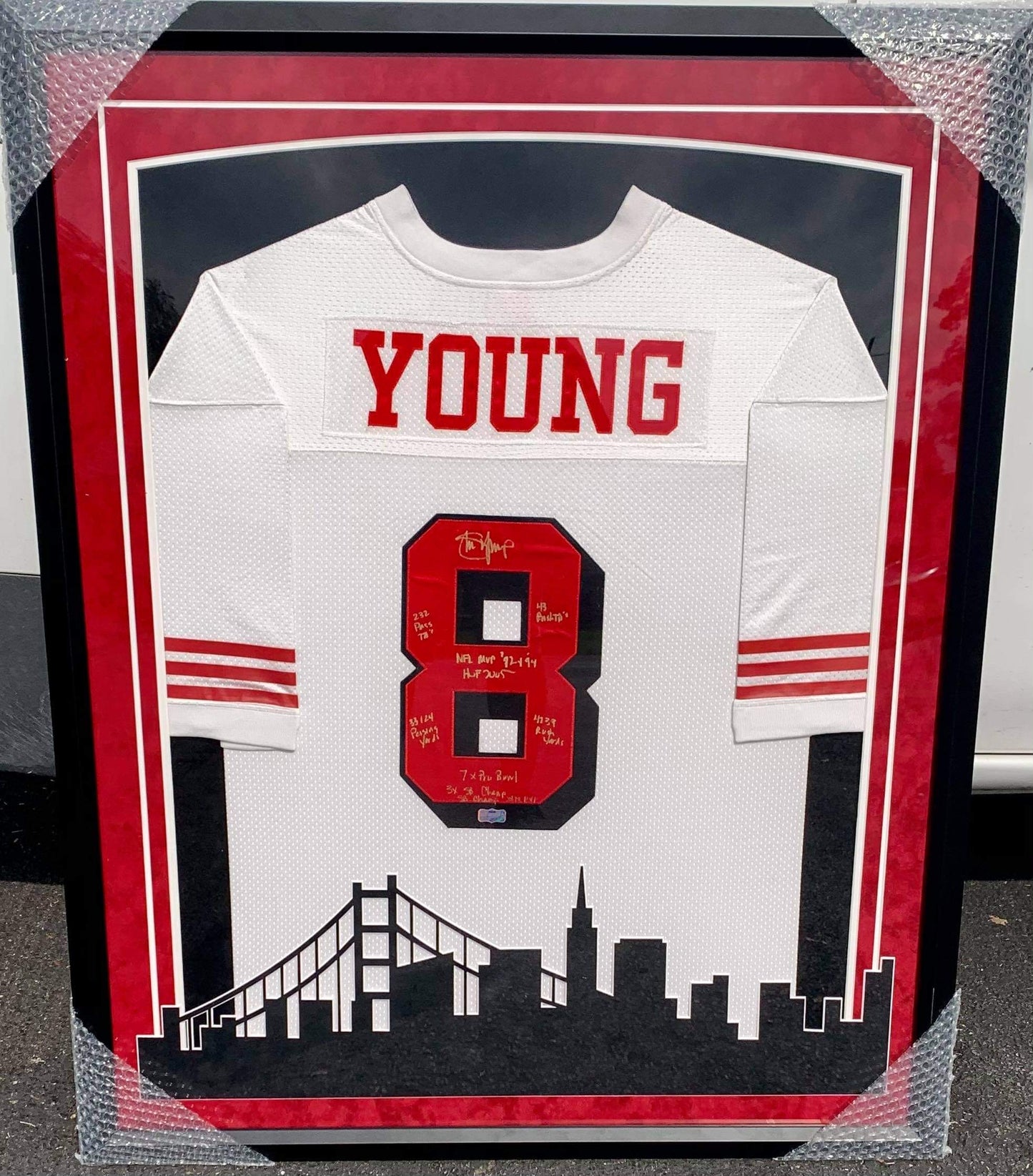 Steve Young Signed, Inscribed and Framed Jersey with 9 Inscriptions