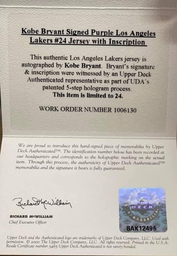 Kobe Bryant Limited Edition Jersey Archives Signed Authentic Lakers Purple Jersey with “Carpe Diem” Inscription