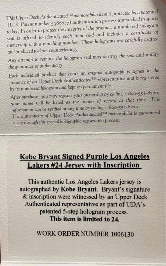 Kobe Bryant Limited Edition Jersey Archives Signed Authentic Lakers Purple Jersey with “Carpe Diem” Inscription