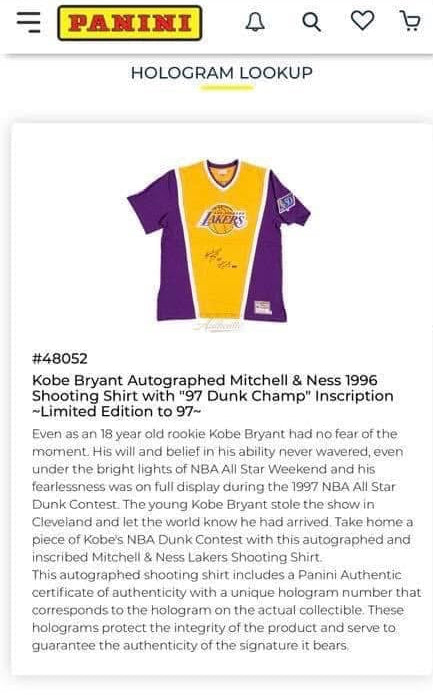 Limited Edition Lakers Signed Shooting Shirt from ‘97 All Star Game with “‘97 Dunk Champion” Inscription