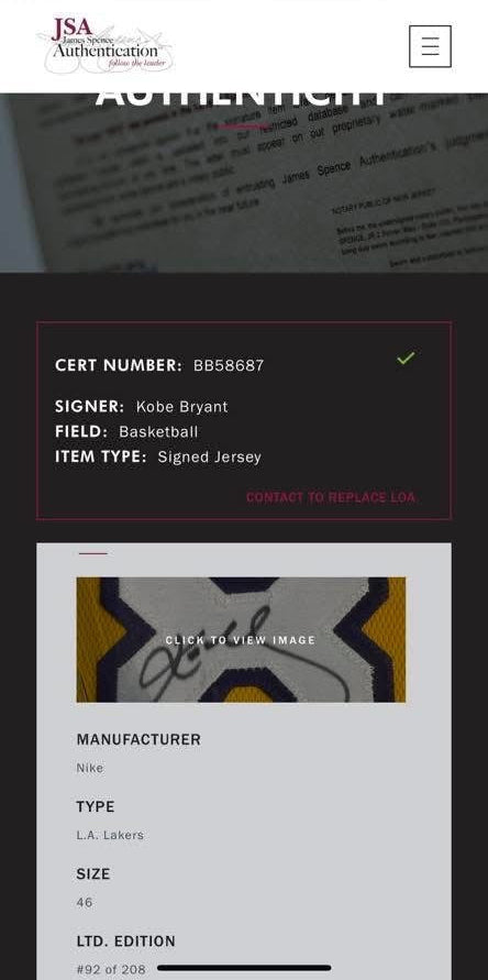 KOBE BRYANT SIGNED AUTHENTIC LAKERS GOLD JERSEY