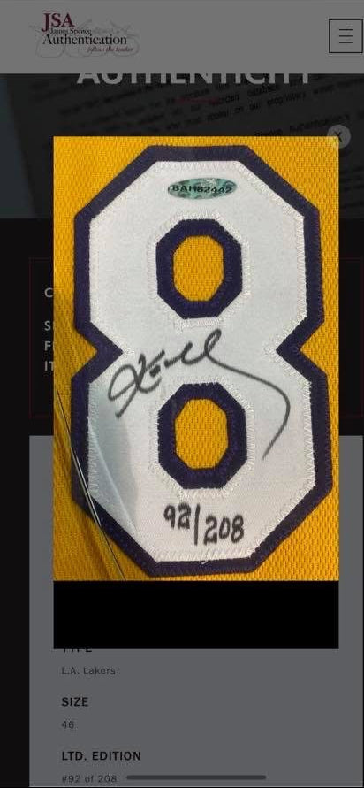 KOBE BRYANT SIGNED AUTHENTIC LAKERS GOLD JERSEY