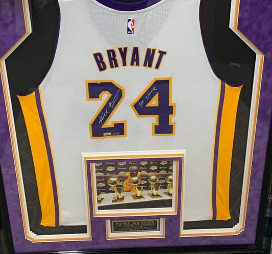 Kobe Bryant LE Signed White Lakers Jersey w/ “5x Champ” Inscription