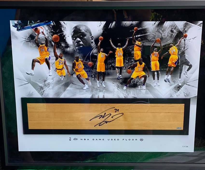 Shaquille O’Neal Autographed NBA Game Used Floor “Big Aristotle” Collage 36 x 24