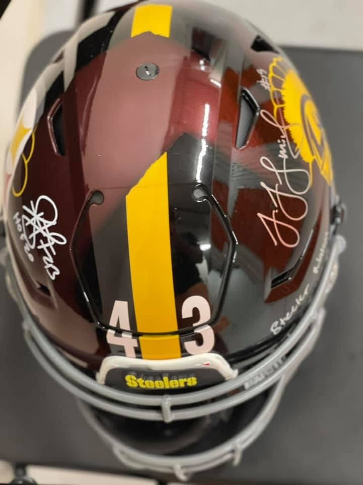 Troy Polamalu and JuJu Smith-Schuster Signed/Inscribed Hand Painted Helmet