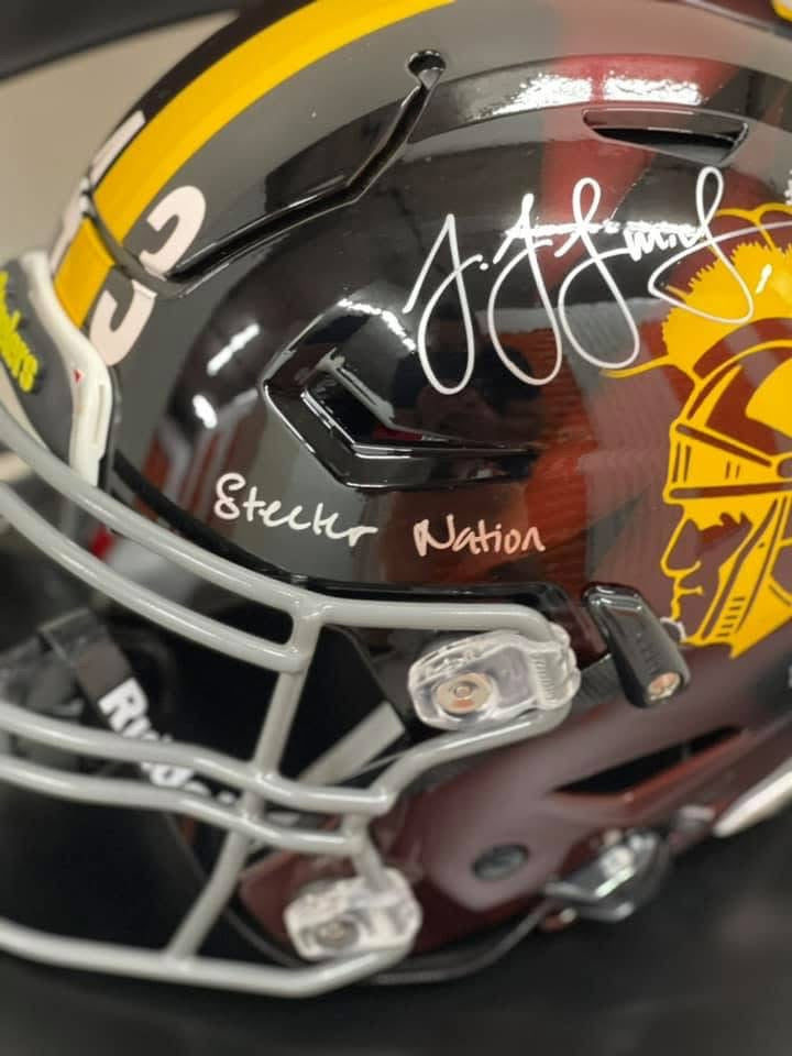 Troy Polamalu and JuJu Smith-Schuster Signed/Inscribed Hand Painted Helmet