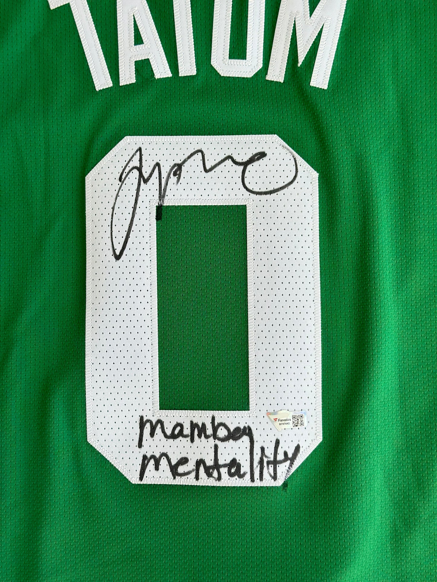 Jayson Tatum Boston Celtics Autographed Fanatics Authentic Green Nike 2022-2023 Association Authentic Jersey with "Mamba Mentality" Inscription
