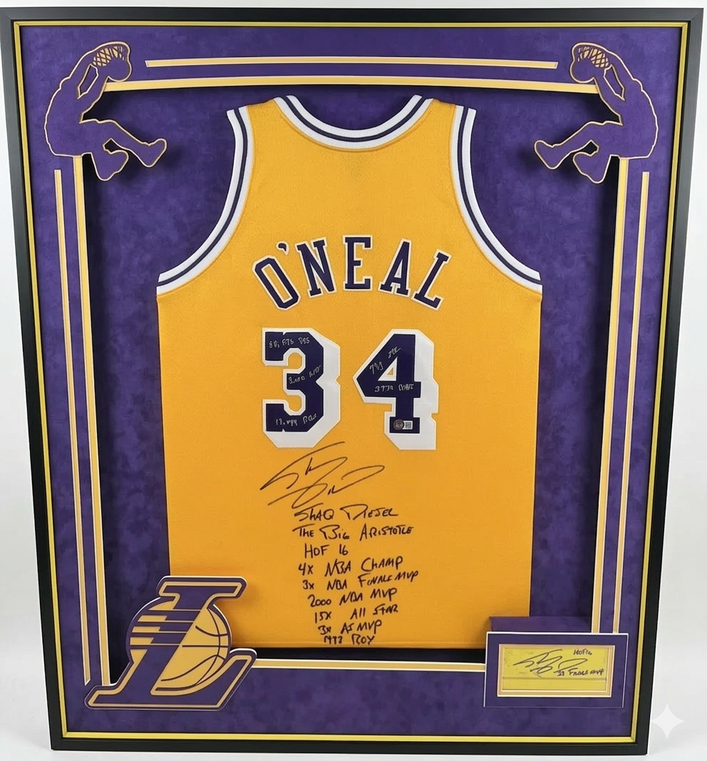 Shaquille O’Neal Signed Lakers Jersey (1/1) – 14 Inscriptions + Game-Used Floor Piece (2 Inscriptions) – Custom 3D Framed