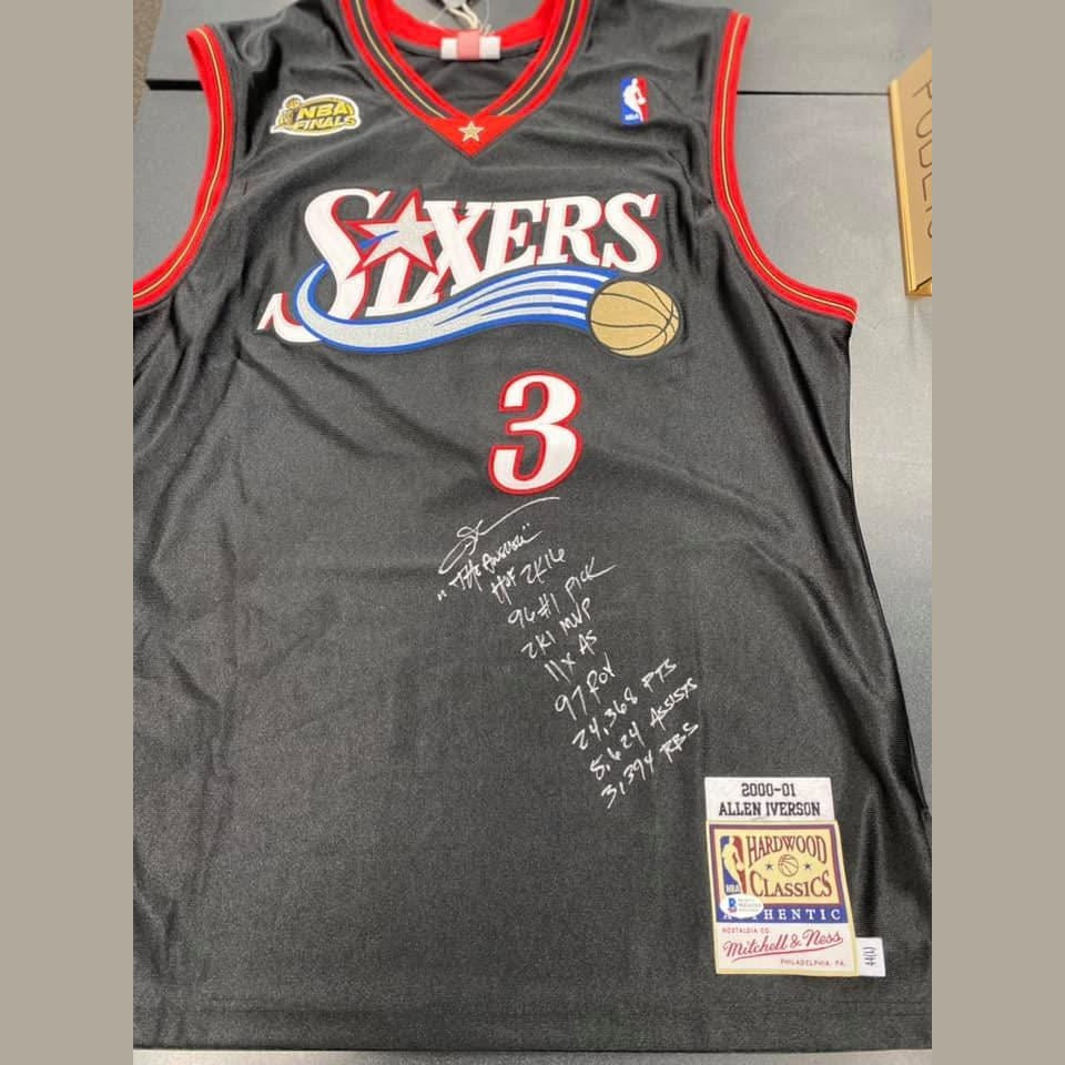 Allen Iverson Signed and Inscribed Authentic Mitchell and Ness 76ers Jersey in Premium Silver Deco Paint
