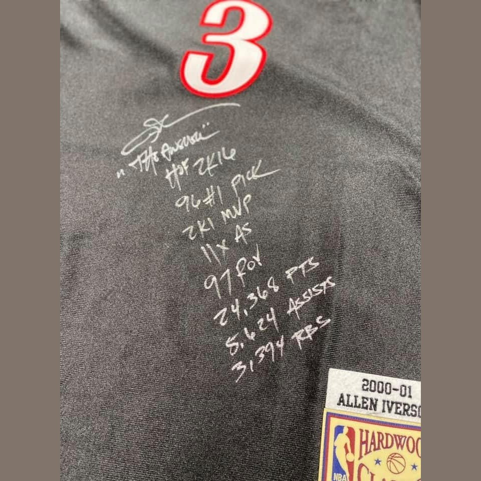 Allen Iverson Signed and Inscribed Authentic Mitchell and Ness 76ers Jersey in Premium Silver Deco Paint