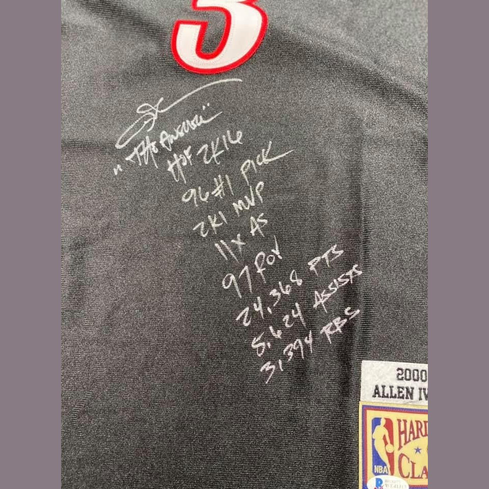 Allen Iverson Signed and Inscribed Authentic Mitchell and Ness 76ers Jersey in Premium Silver Deco Paint