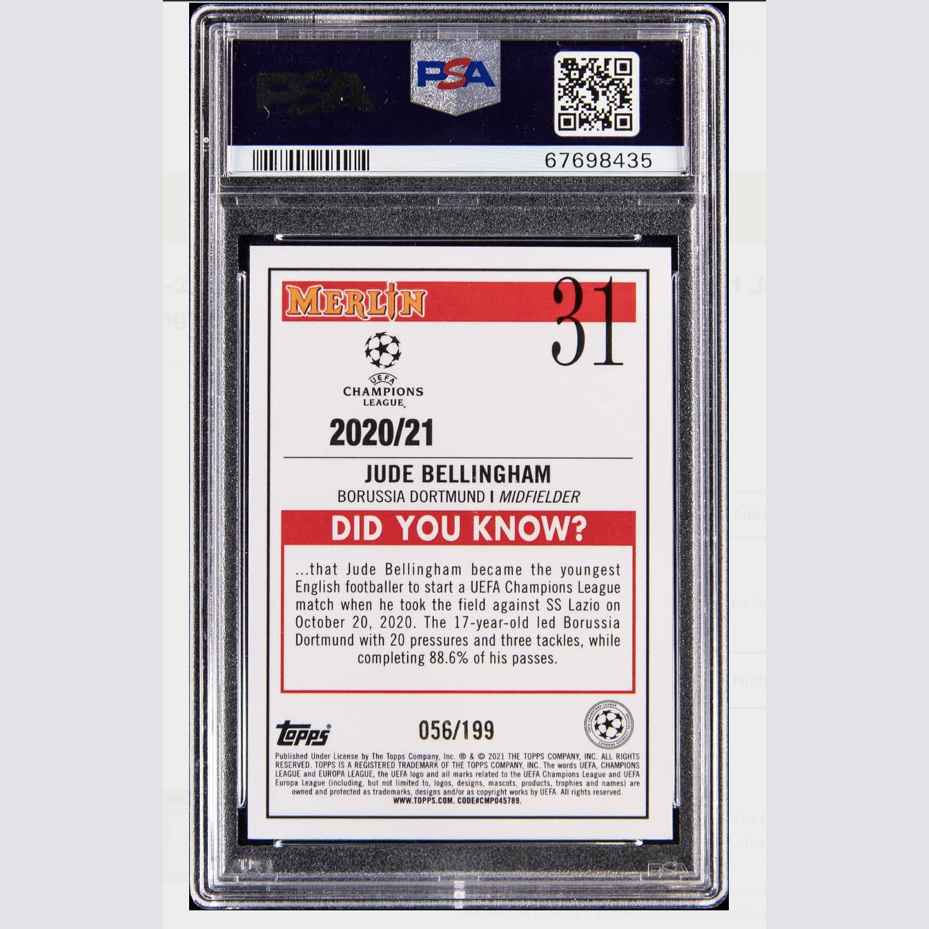 2020 Topps Merlin Chrome UEFA Champions League #31 Jude Bellingham Aqua Refractor PSA 9