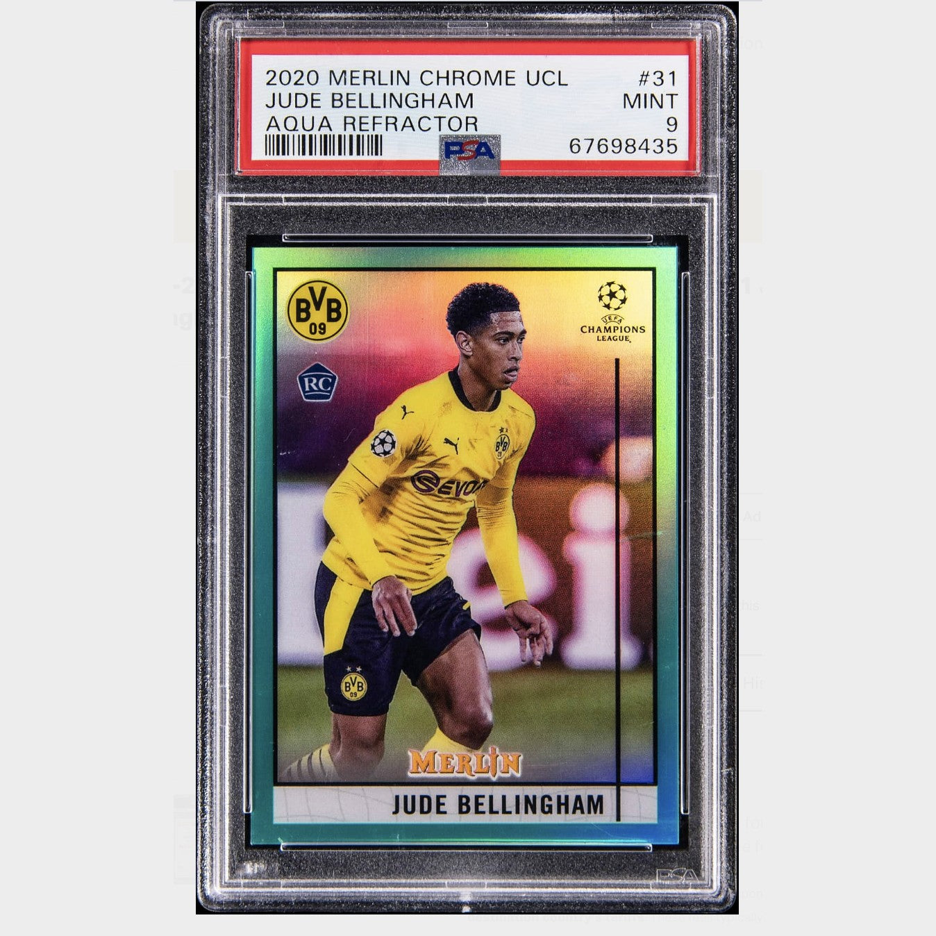 2020 Topps Merlin Chrome UEFA Champions League #31 Jude Bellingham Aqua Refractor PSA 9