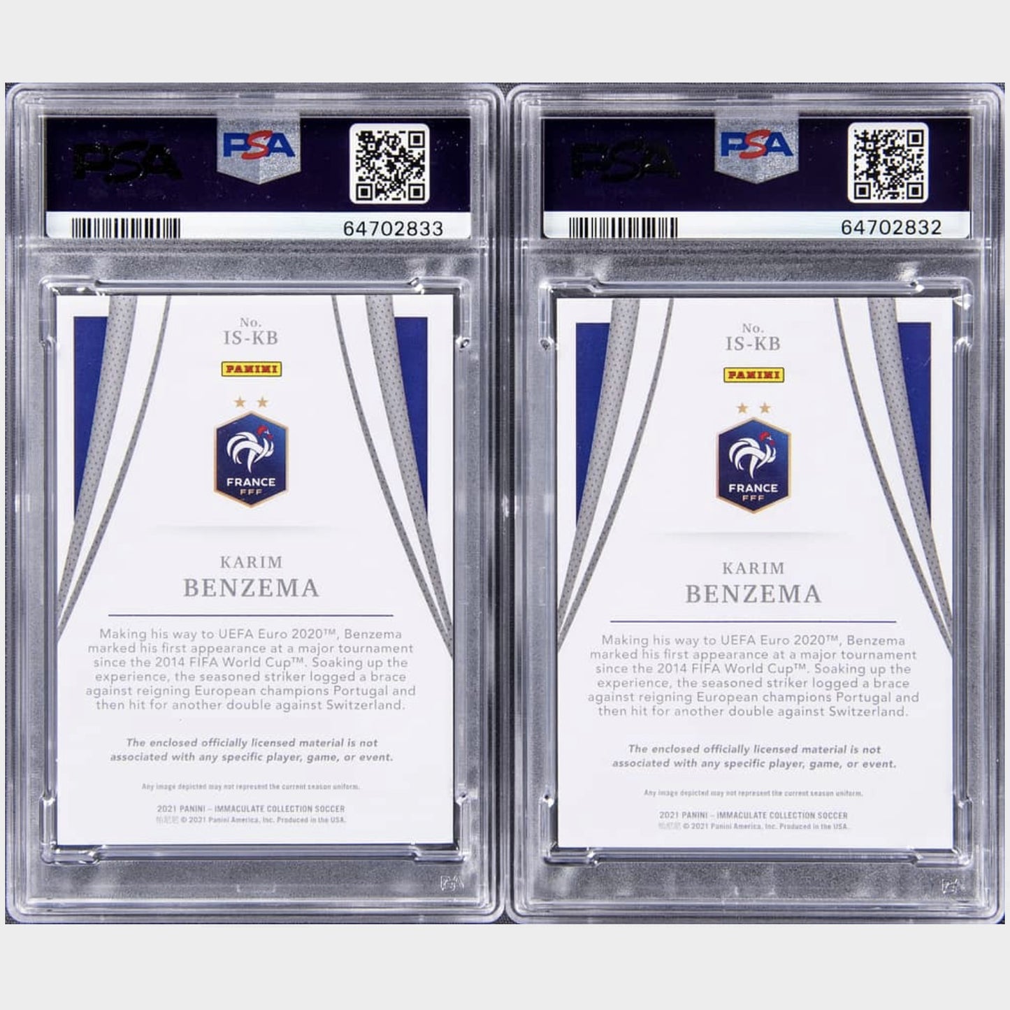 2021 Panini Immaculate Collection Immaculate Standard Memorabilia Sapphire #IS-KB Karim Benzema (#/25) PSA MINT 9 Patch Cards Pair (2)