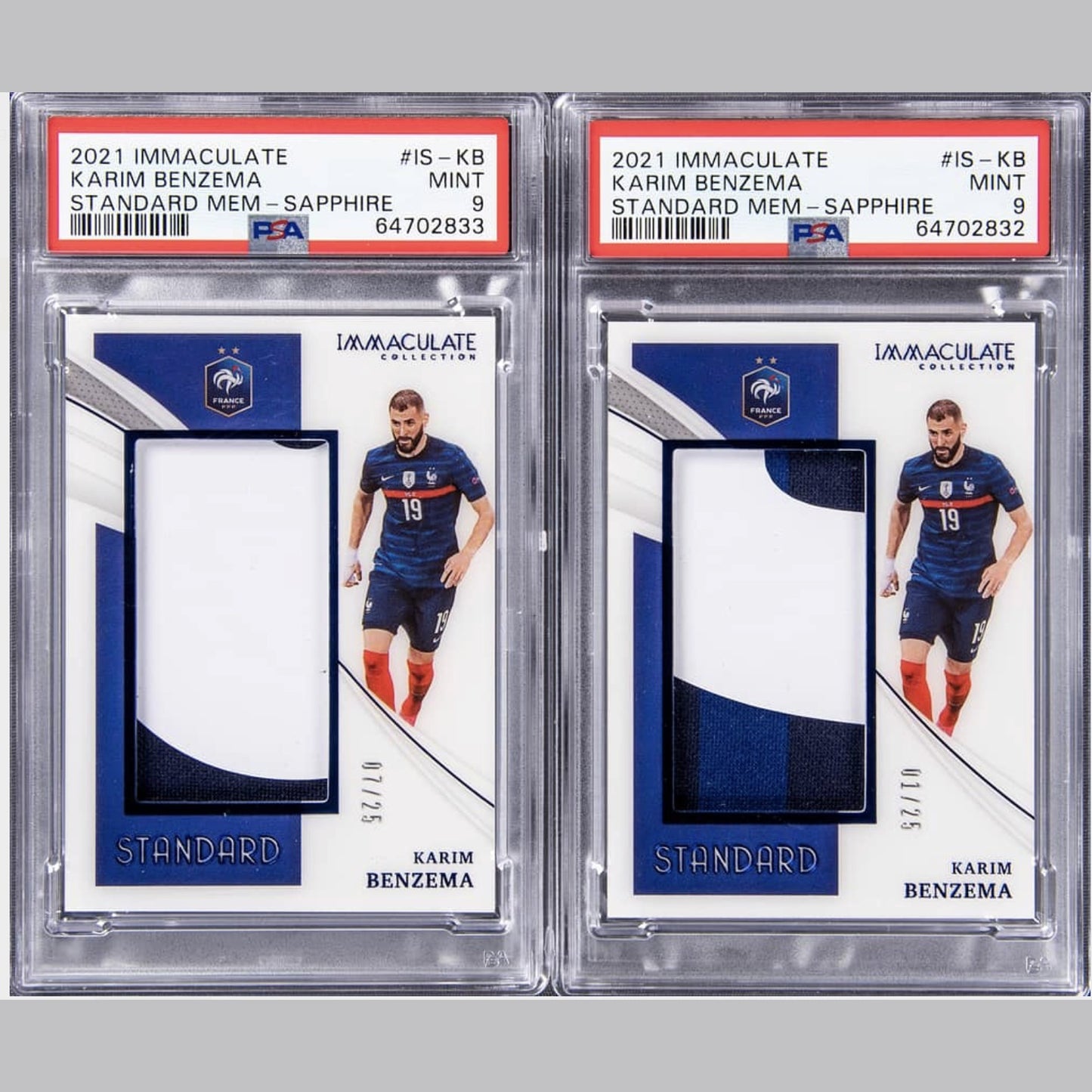 2021 Panini Immaculate Collection Immaculate Standard Memorabilia Sapphire #IS-KB Karim Benzema (#/25) PSA MINT 9 Patch Cards Pair (2)
