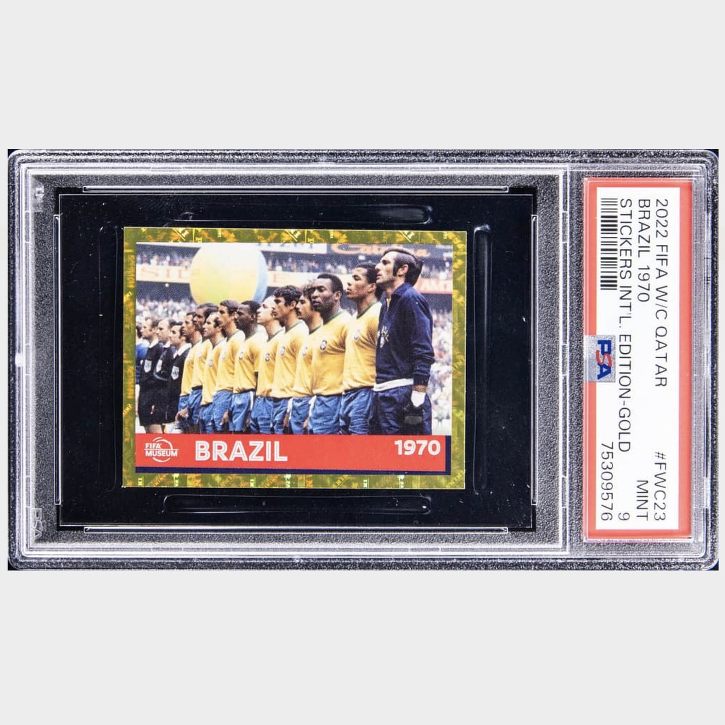 2022 Panini FIFA World Cup Qatar Stickers International Edition Gold #FWC23 Brazil 1970 PSA 9