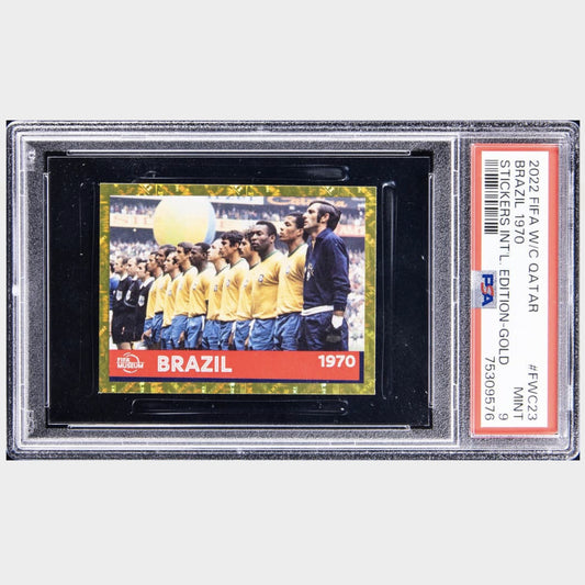 2022 Panini FIFA World Cup Qatar Stickers International Edition Gold #FWC23 Brazil 1970 PSA 9