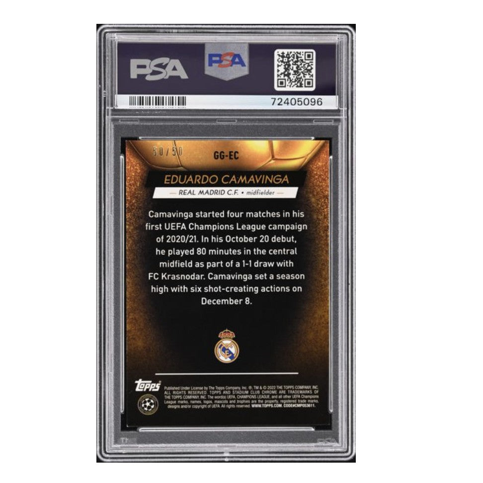 2021-22 Topps Stadium Club Chrome UEFA Champions League Glimpses of Gold #EC Eduardo Camavinga Gold Refractor PSA 8