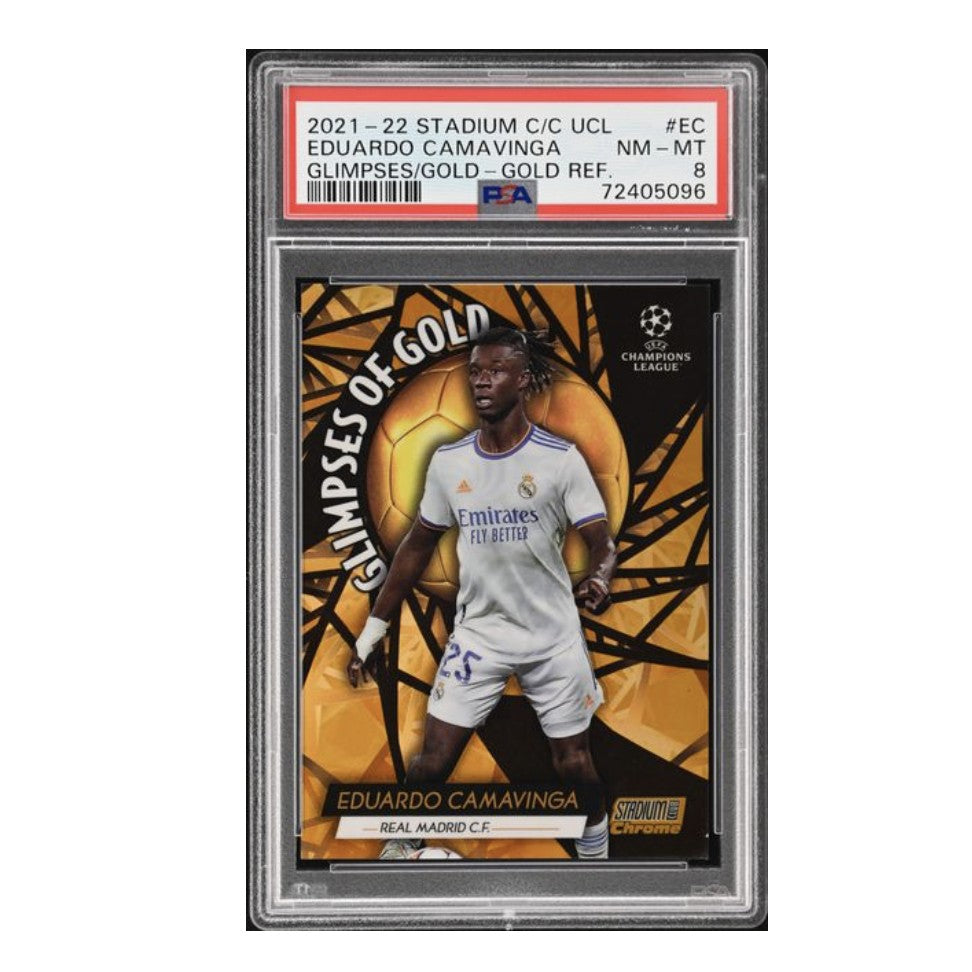 2021-22 Topps Stadium Club Chrome UEFA Champions League Glimpses of Gold #EC Eduardo Camavinga Gold Refractor PSA 8