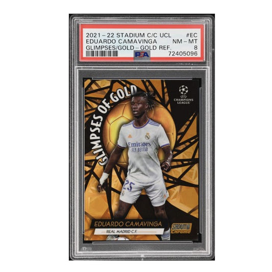 2021-22 Topps Stadium Club Chrome UEFA Champions League Glimpses of Gold #EC Eduardo Camavinga Gold Refractor PSA 8