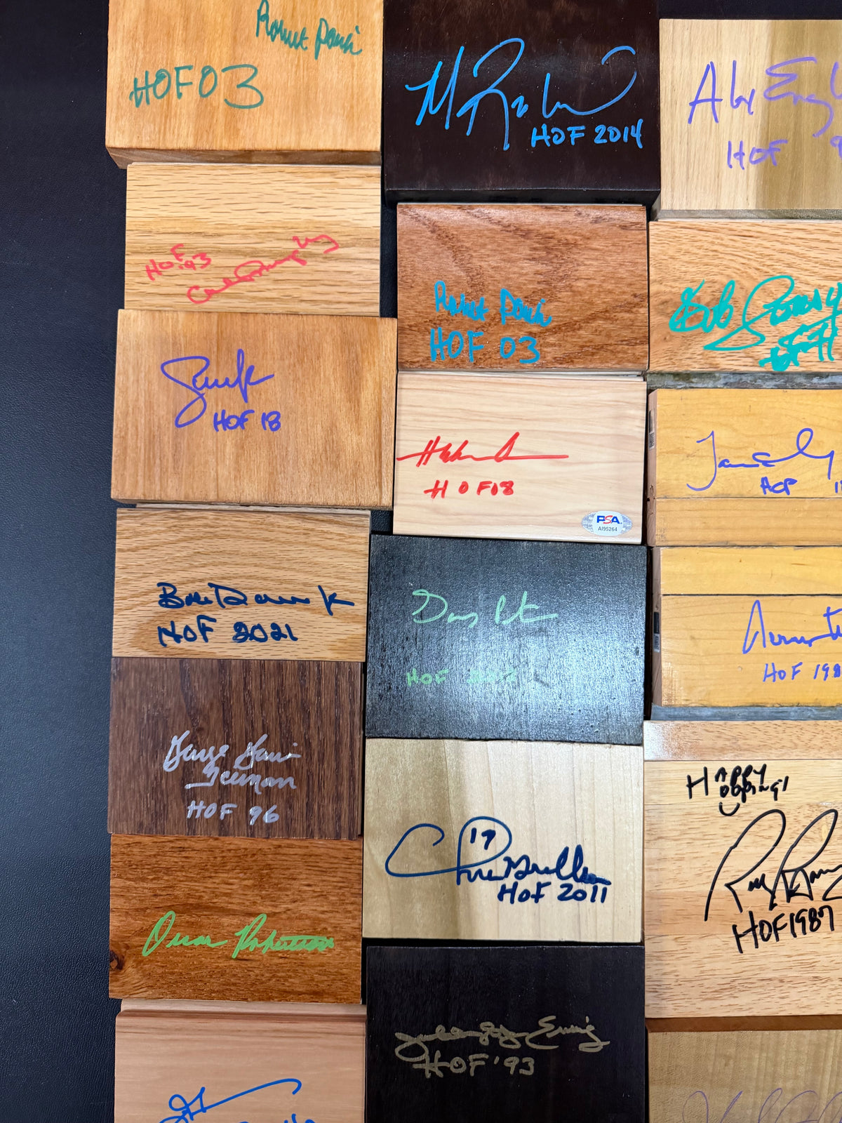 Game Used Floor and Wood Pieces Signed by NBA Hall of Famers - Collection Lot