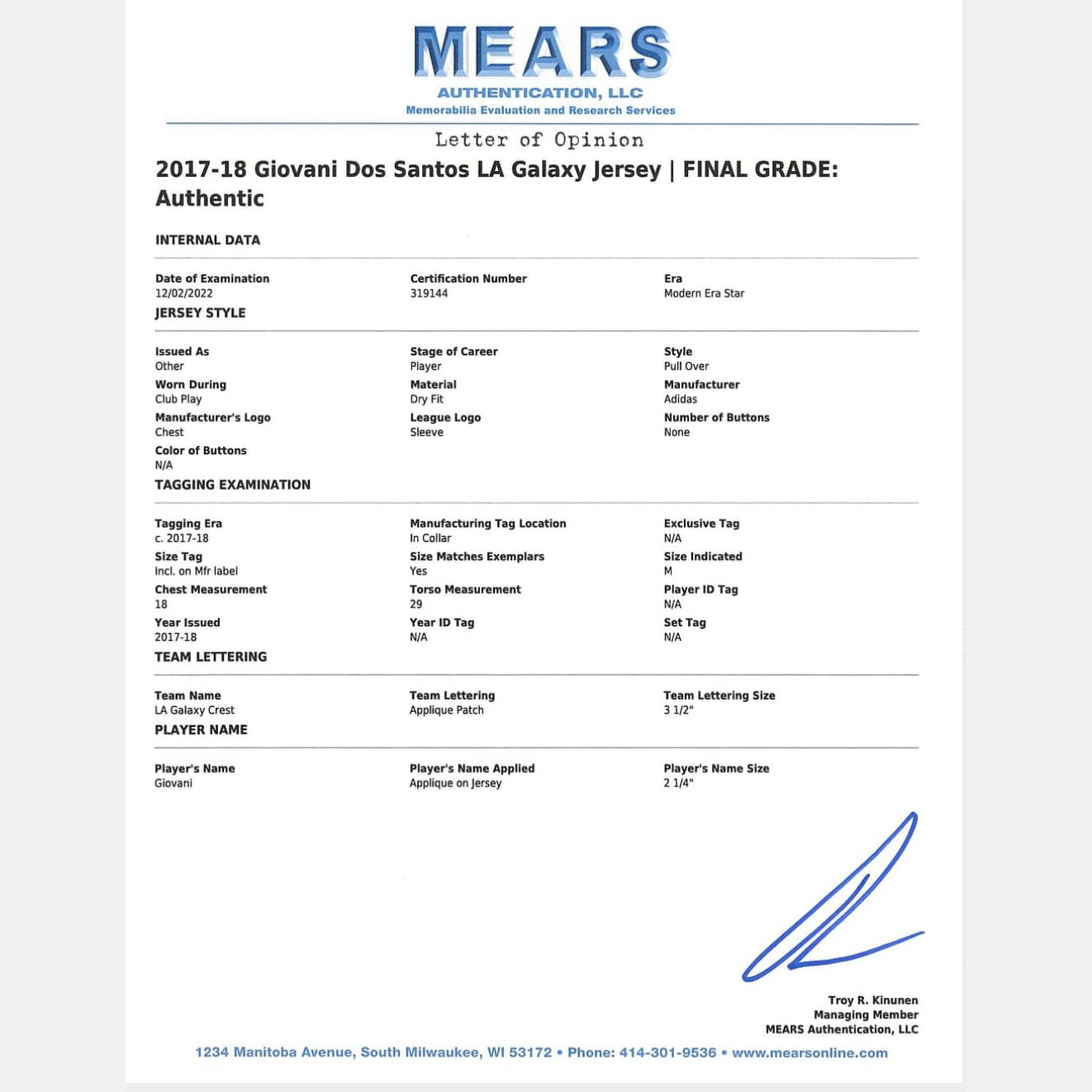2017-18 Giovani Dos Santos Game-Used, Signed LA Galaxy Blue Jersey – MEARS, JSA Authenticated