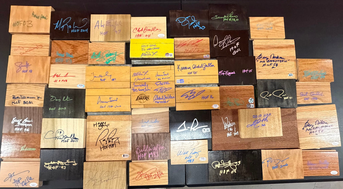 Game Used Floor and Wood Pieces Signed by NBA Hall of Famers - Collection Lot