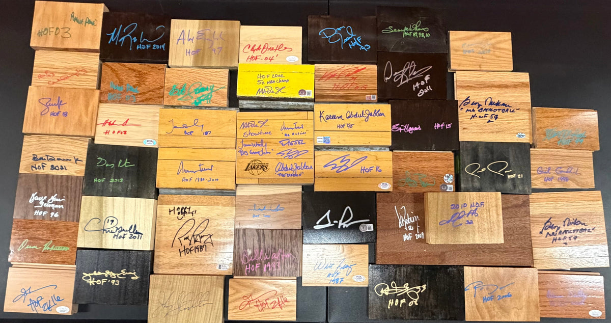 Game Used Floor and Wood Pieces Signed by NBA Hall of Famers - Collection Lot