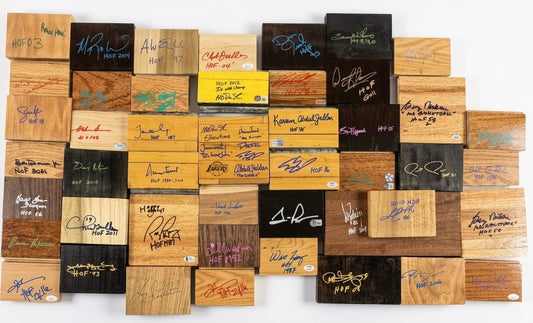 Game Used Floor and Wood Pieces Signed by NBA Hall of Famers - Collection Lot