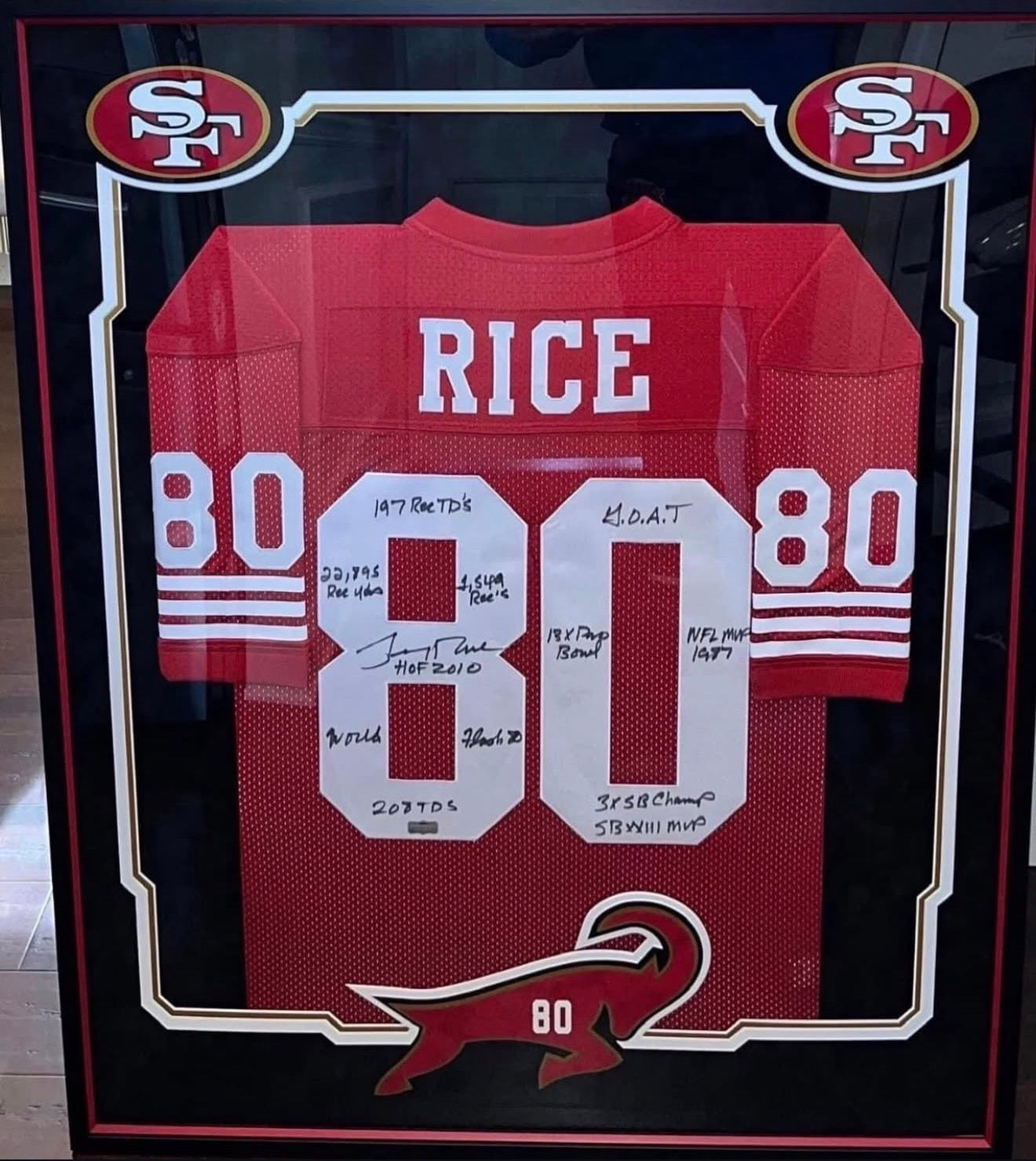 Jerry Rice Signed, Inscribed, and Custom Framed 49ers Jersey