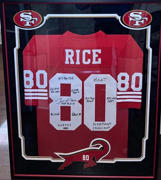 Jerry Rice Signed, Inscribed, and Custom Framed 49ers Jersey