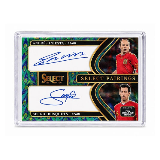 2025-26 Panini Select Road to FIFA World Cup 2026 #SP-SPA Andres Iniesta / Sergio Busquets Select Pairings Dual Autograph Peacock Prizm