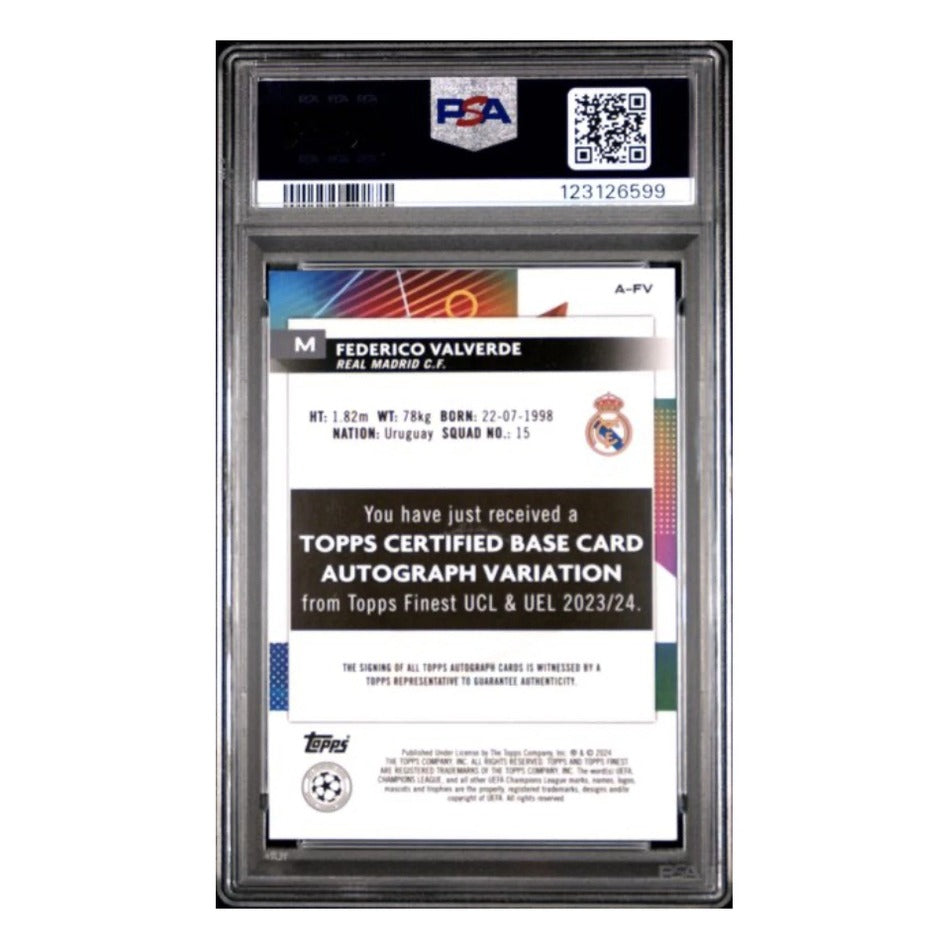 2023-24 Topps Finest UEFA Club Competitions #A-FV Federico Valverde Autograph Neon Green Wave Refractor /99 PSA 9 - reverse