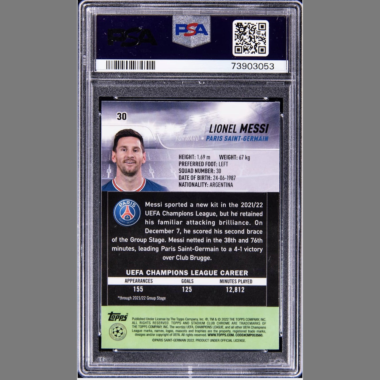 2021-22 Topps Stadium Club Chrome UEFA Champions League #30 Lionel Messi - PSA NM-MT 8