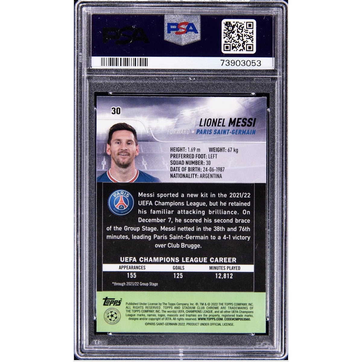 2021-22 Topps Stadium Club Chrome UEFA Champions League #30 Lionel Messi - PSA NM-MT 8