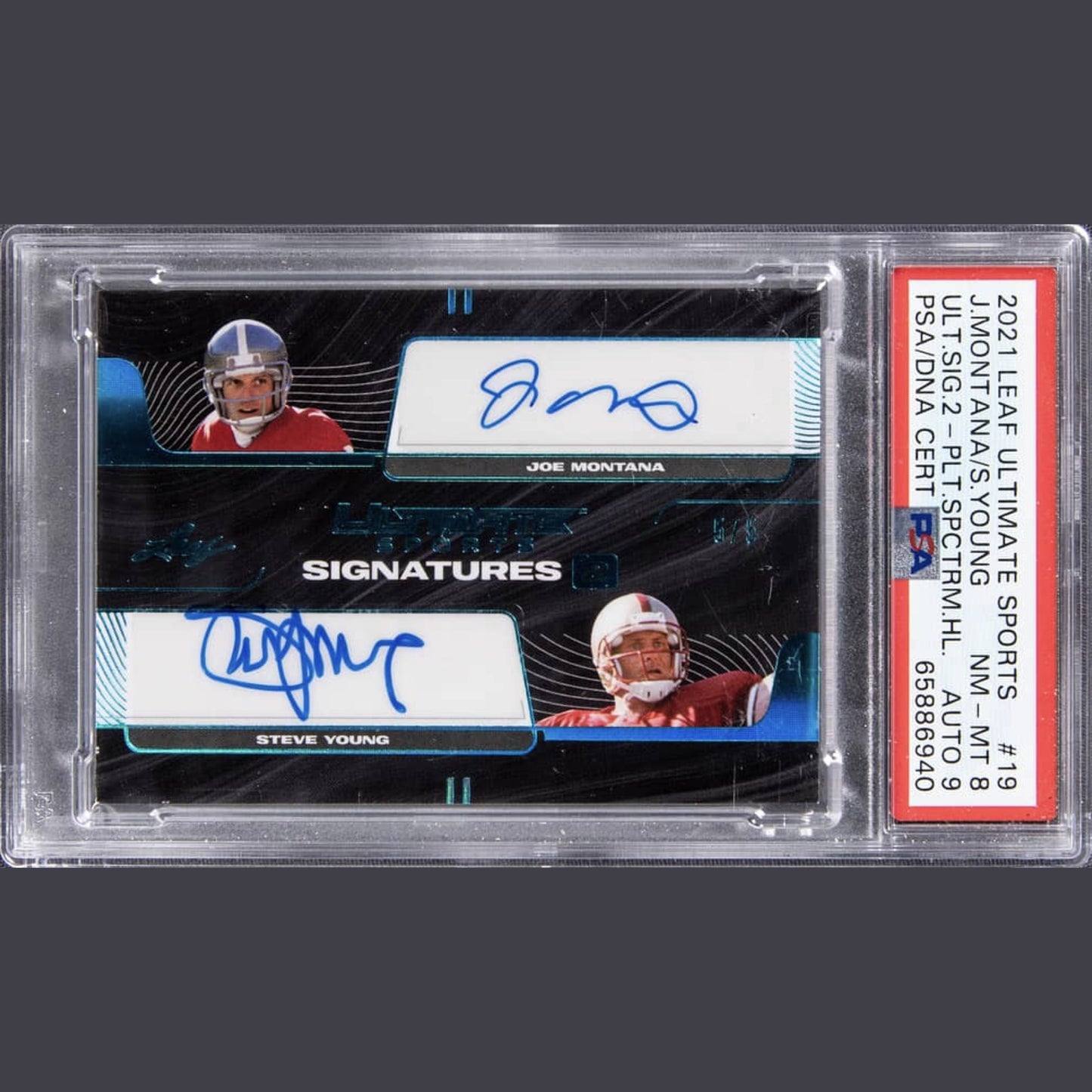 2021 Leaf Ultimate Sports Ultimate Signatures 2 Platinum Spectrum Holo #US2-19 Joe Montana, Steve Young Dual-Signed Card (#5/5) – PSA NM-MT 8, PSA/DNA 9