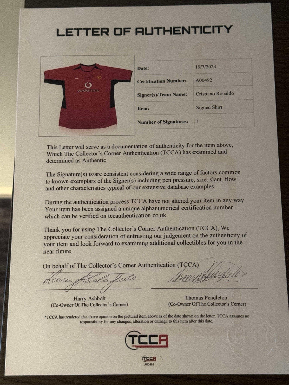 Cristiano Ronaldo Signed Manchester United Stadium Authentic Home Jersey